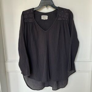 Current Elliott Picnic Shirt Blouse Charcoal Grey Embroidered Long Sleeve size 1